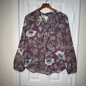 Chico's Floral Ruffle Blouse Size Large Boho Romantic Mauve Paisley Top